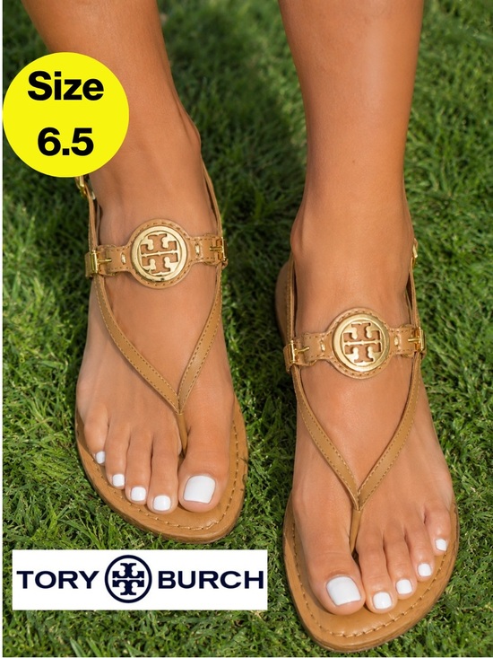 Tory Burch Shoes - TORY BURCH 🌟 Tan Leather “ALI” Thong Sandals, Gold Logo Medallions (Women’s 6.5)